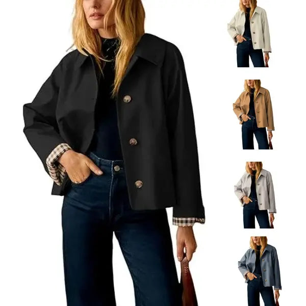 Cropped Trench Coat for Women – Oversized Casual Jacket with Checkered Lining