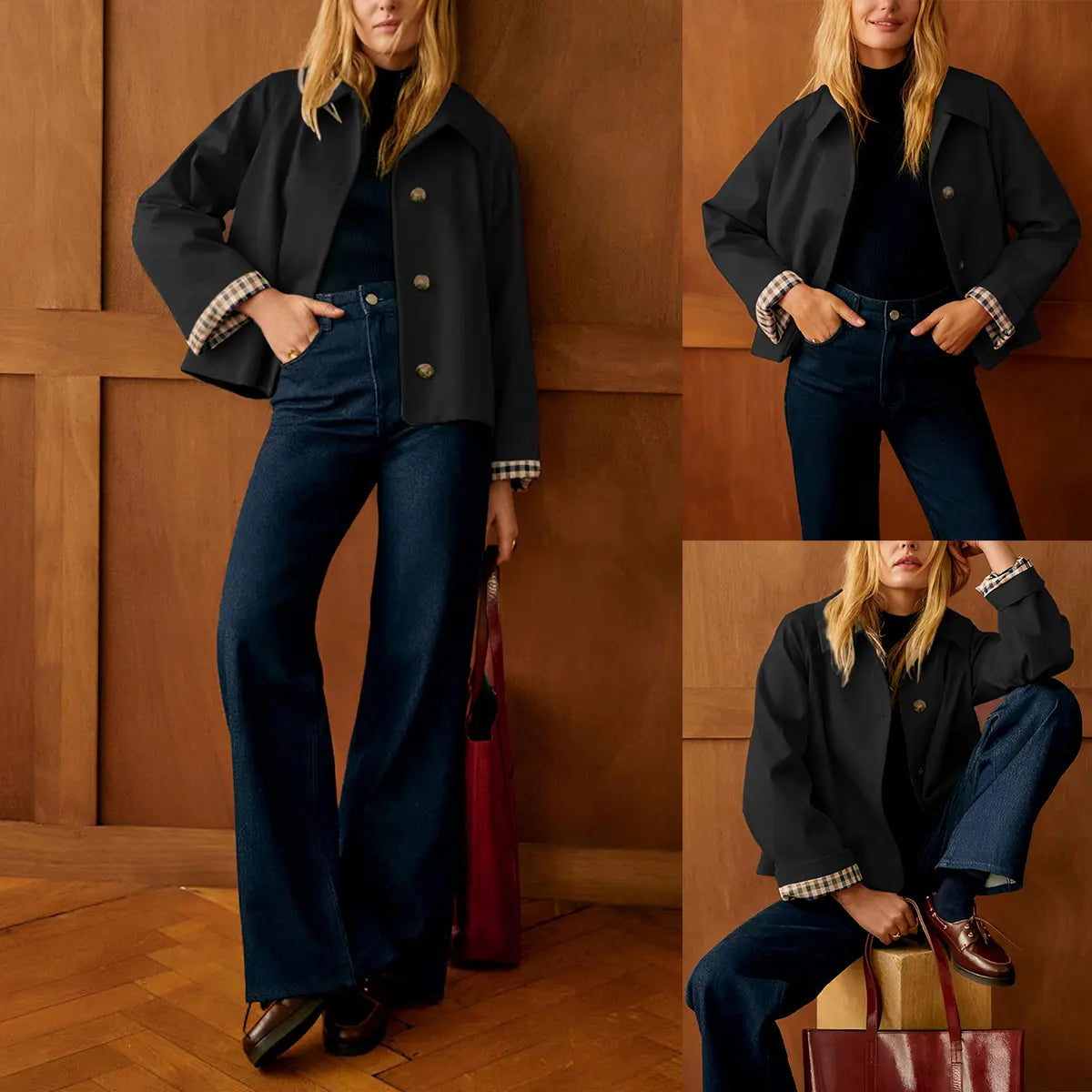 Cropped Trench Coat for Women – Oversized Casual Jacket with Checkered Lining