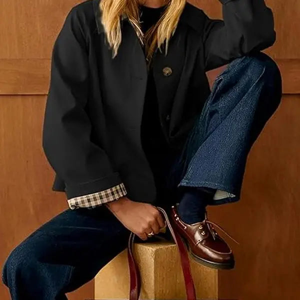 Cropped Trench Coat for Women – Oversized Casual Jacket with Checkered Lining