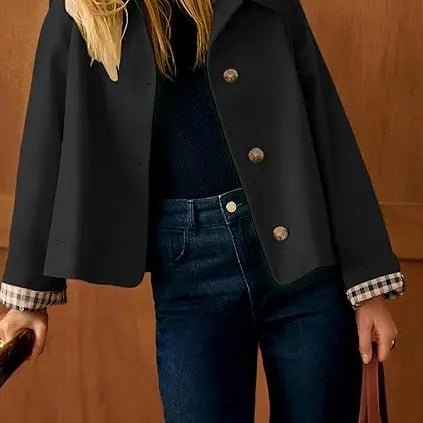 Cropped Trench Coat for Women – Oversized Casual Jacket with Checkered Lining