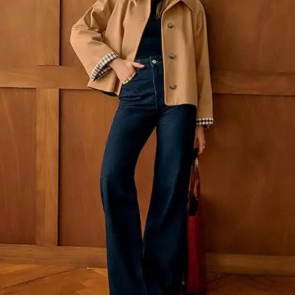 Cropped Trench Coat for Women – Oversized Casual Jacket with Checkered Lining