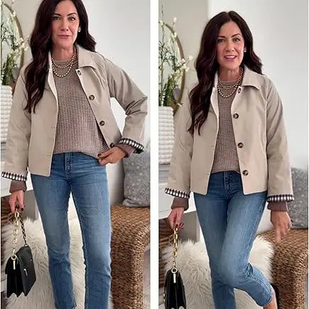 Cropped Trench Coat for Women – Oversized Casual Jacket with Checkered Lining