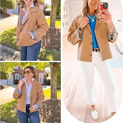 Cropped Trench Coat for Women – Oversized Casual Jacket with Checkered Lining