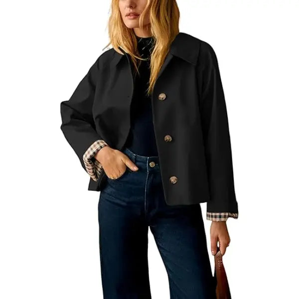 Cropped Trench Coat for Women – Oversized Casual Jacket with Checkered Lining