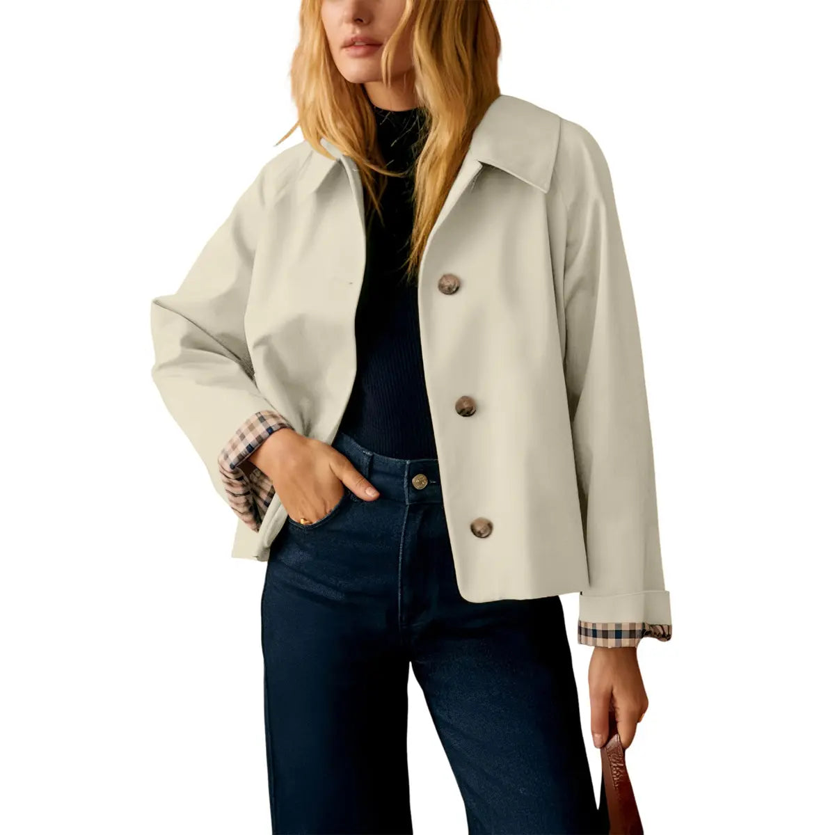 Cropped Trench Coat for Women – Oversized Casual Jacket with Checkered Lining