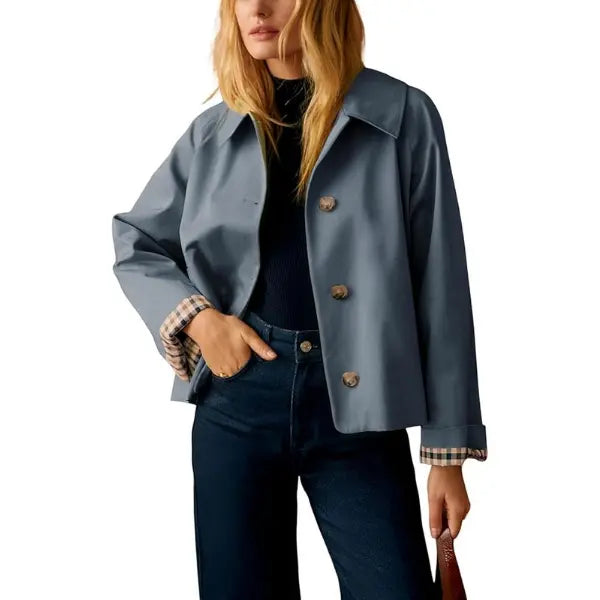 Cropped Trench Coat for Women – Oversized Casual Jacket with Checkered Lining